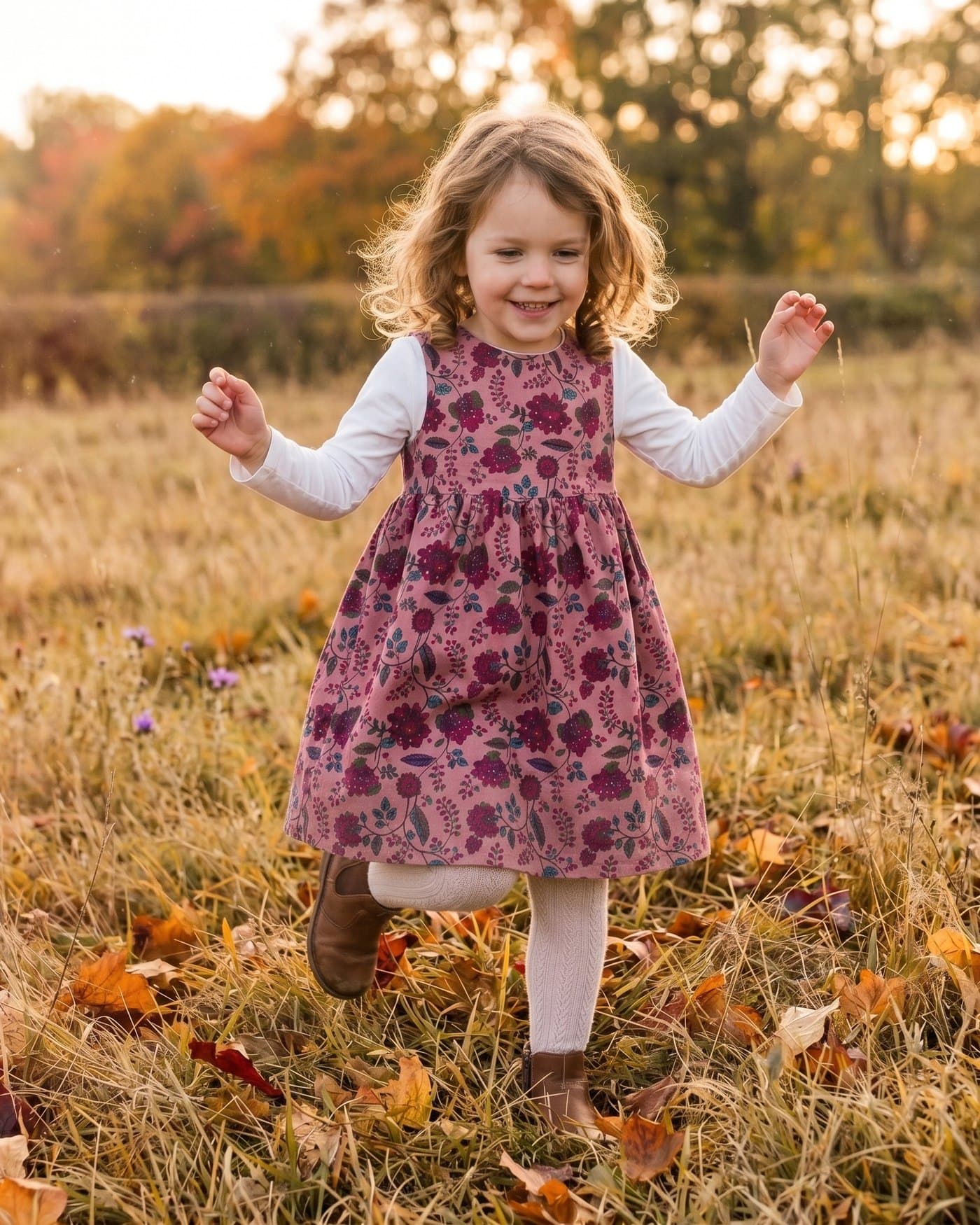 A child running through an autumn meadow in a Genki Kids pinafore, blockprinted in plum and berry florals over a white long-sleeved top