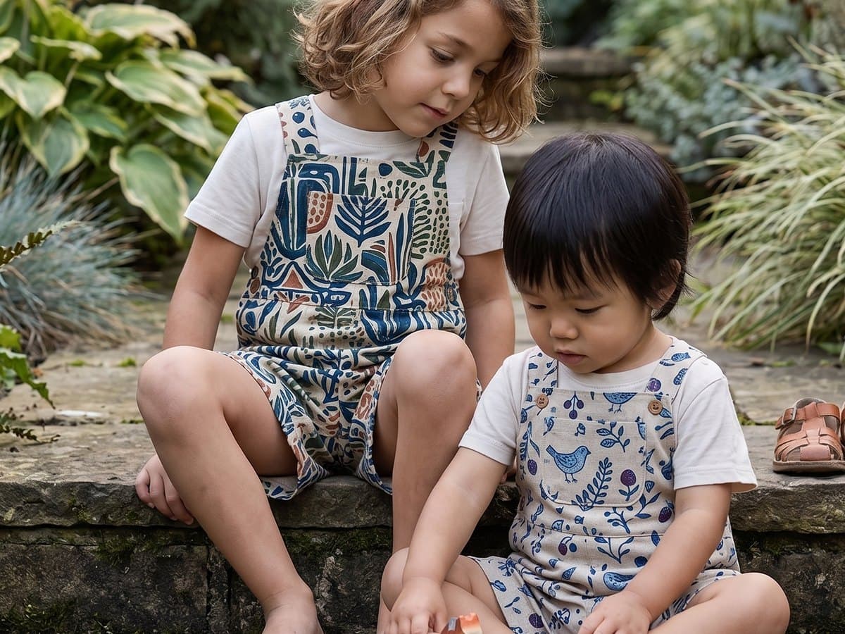 Two children sitting together on garden steps in Genki Kids blockprinted rompers, one a toddler and one several years older, showing the same shape cut for different ages