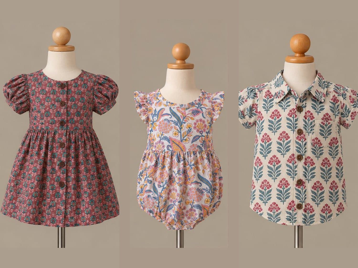 Three Genki Kids core shapes side by side: a button-front dress, a baby romper and a short-sleeve shirt, each in a different hand blockprint